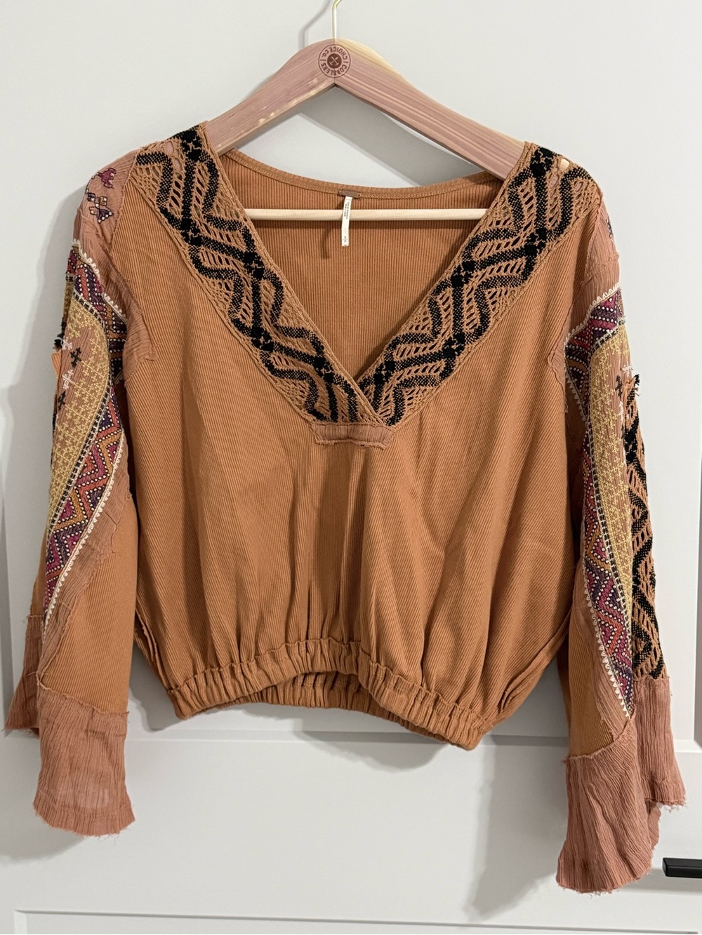 Free People Brown Embroidered Patchwork Boho Bell Sleeve Top S
